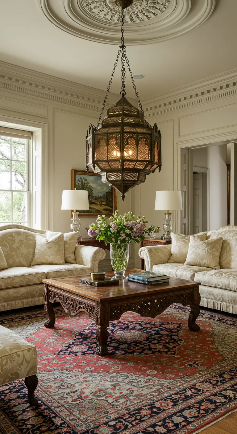 Sala de estar de estilo clásico con sofás tapizados y un gran farol árabe antiguo y ornamentado