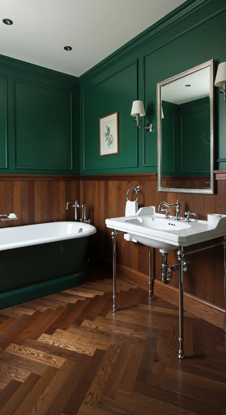 Baño clásico con boiserie verde, paneles de madera y suelo de parquet en espiga.