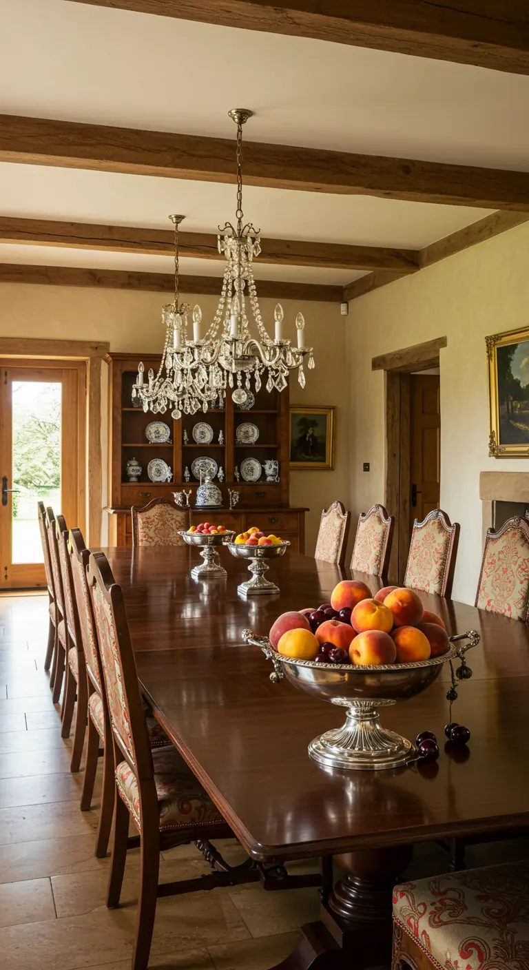 Comedor tradicional elegante con fruteros de plata llenos de melocotones y cerezas.
