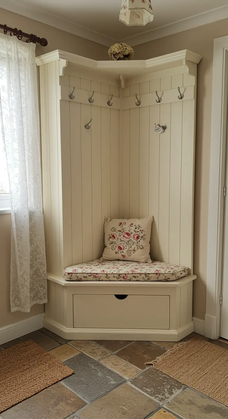 Mueble esquinero de entrada de estilo clásico pintado de blanco con cojín floral.
