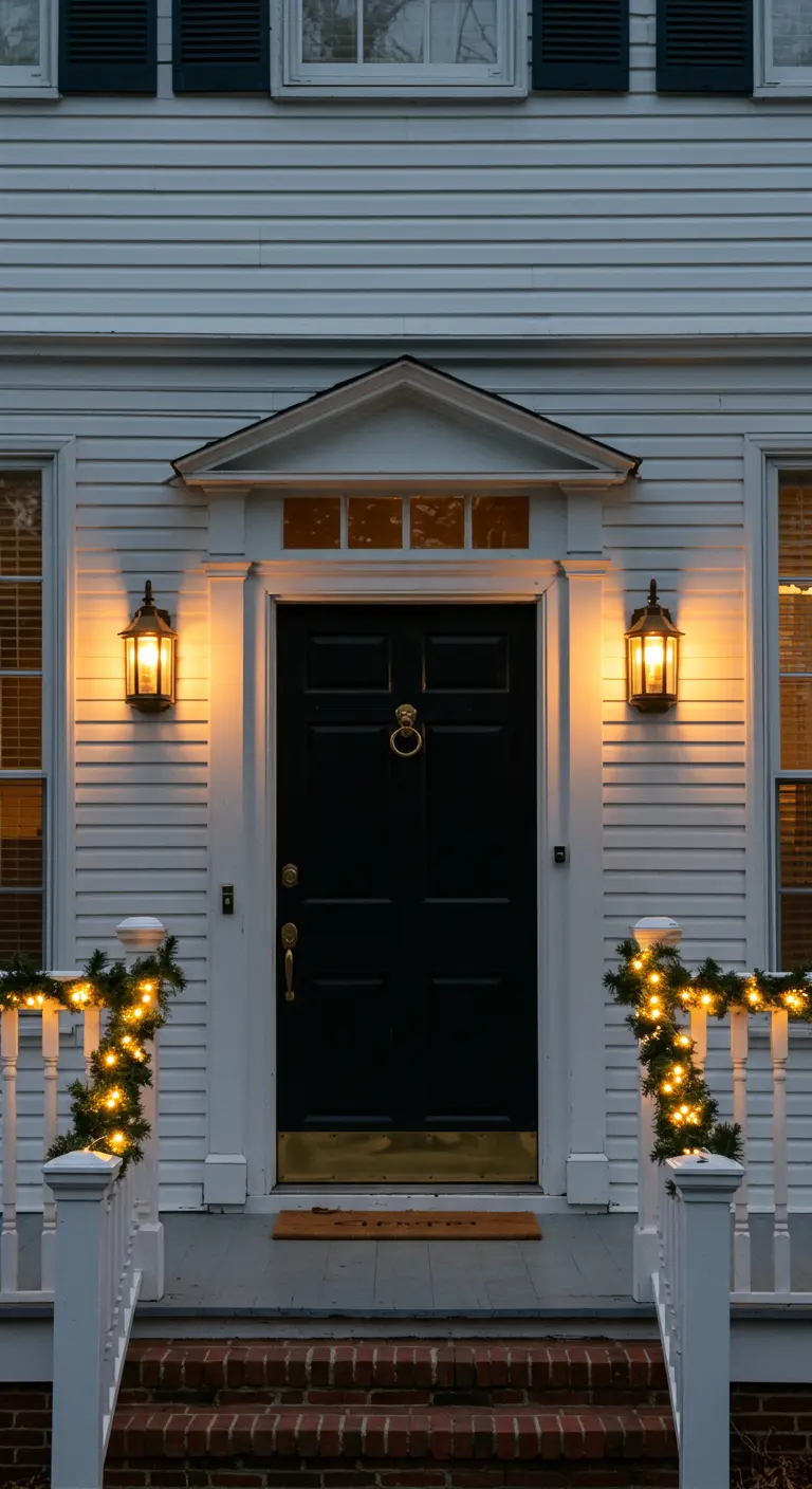 Entrada clásica con puerta negra, guirnaldas iluminadas en la barandilla y dos apliques de pared.