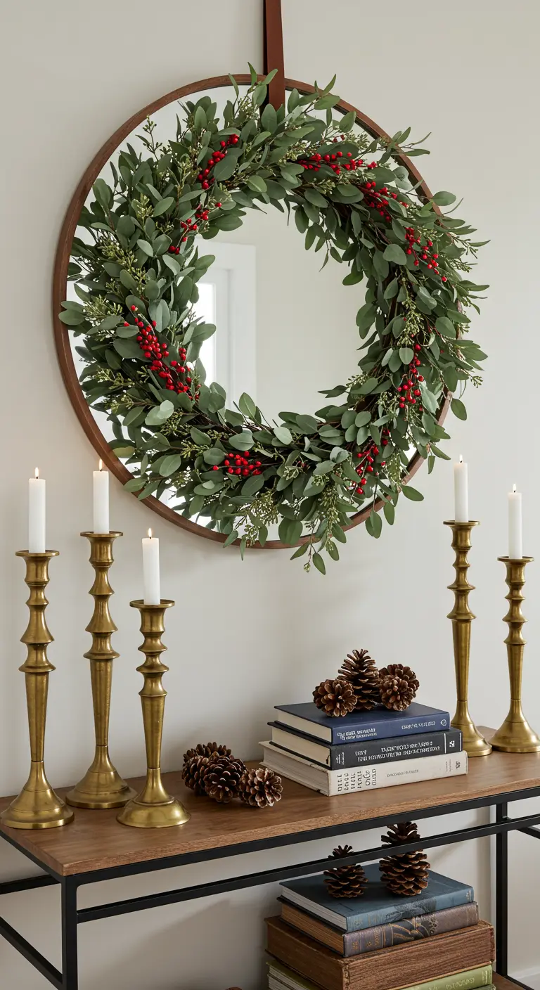 Consola de entrada con un espejo redondo, una corona de eucalipto y candelabros de latón.