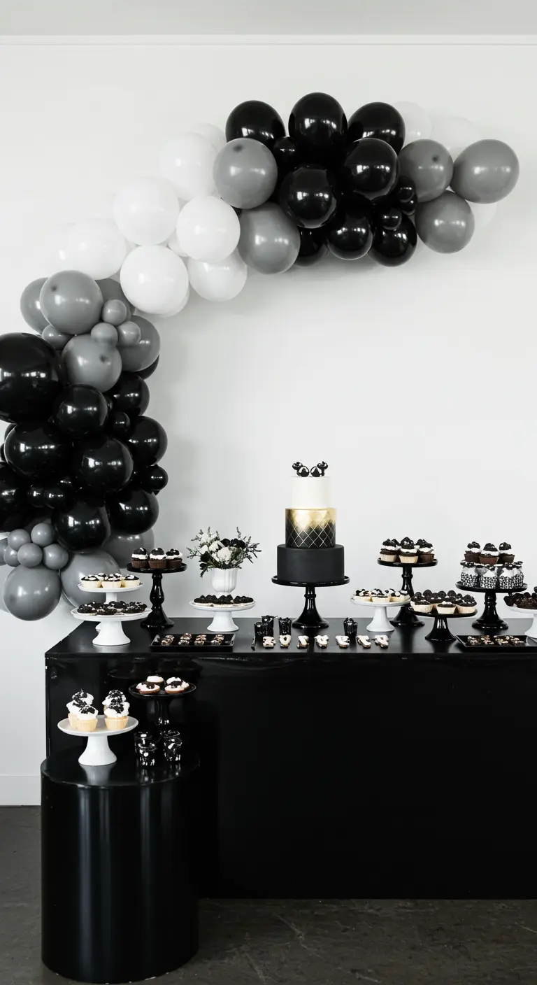 Arco de globos monocromático en negro, gris y blanco sobre una mesa de postres elegante.
