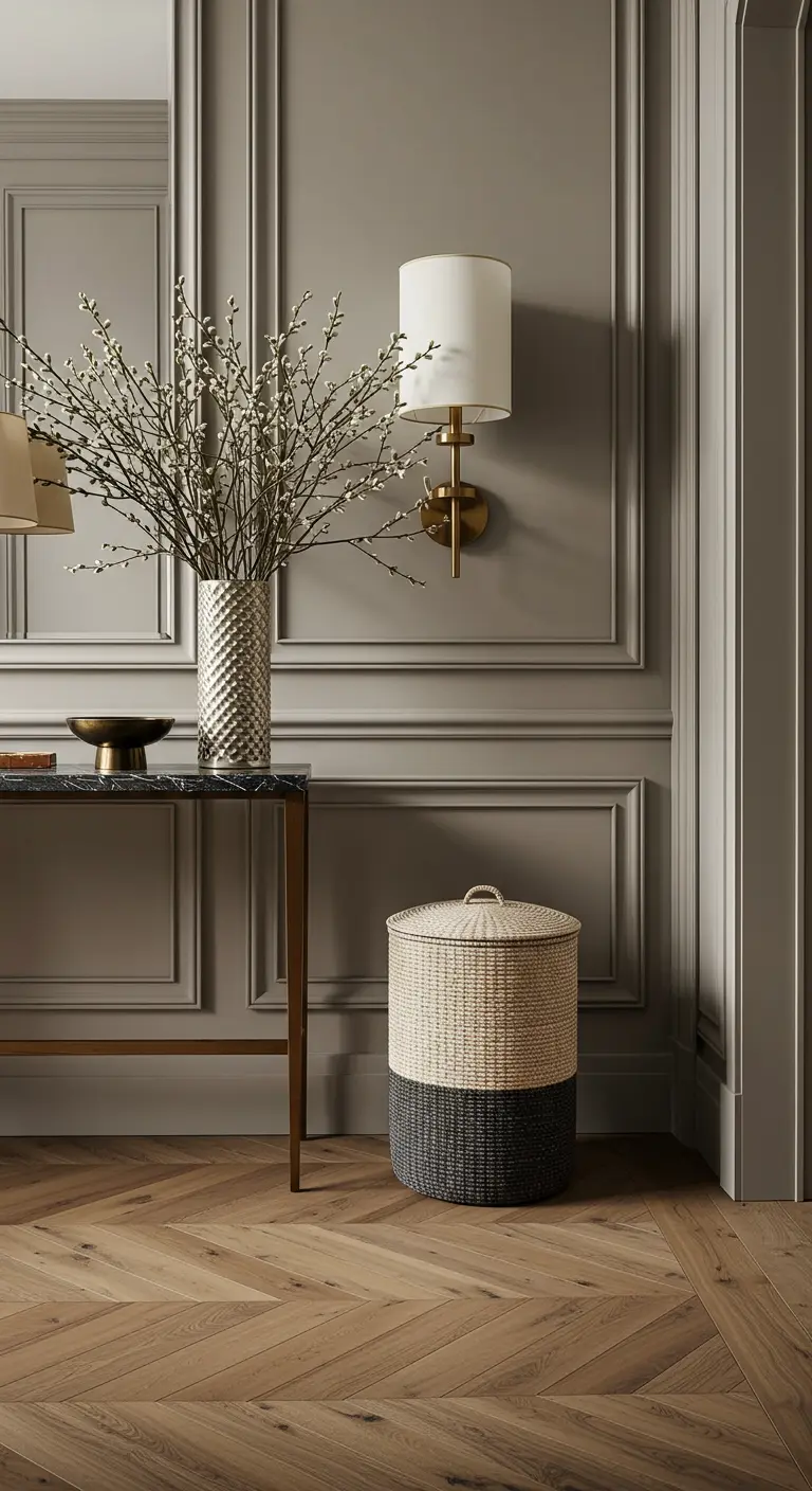 Recibidor elegante con paredes greige, consola de mármol y cesta bicolor con tapa.