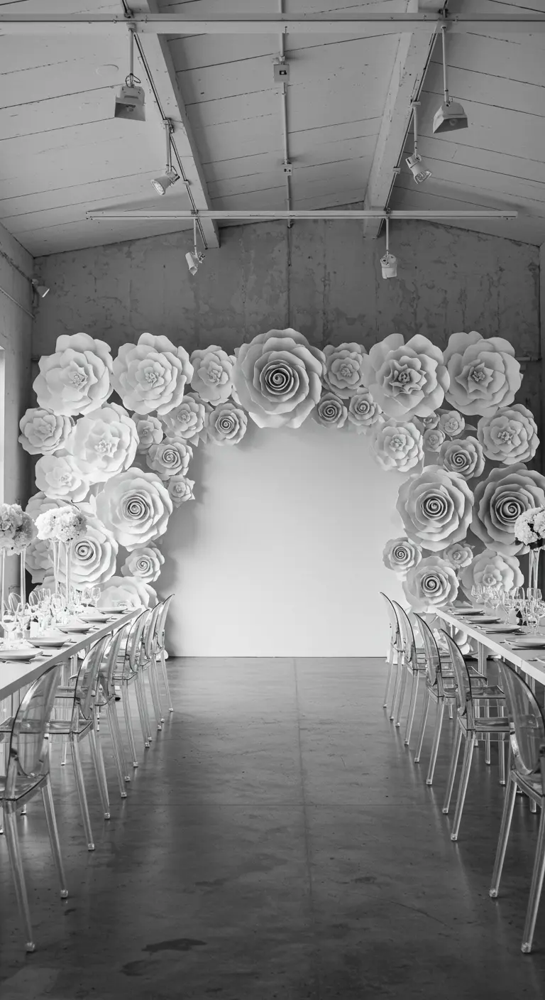 Pared blanca con un gran arco de flores de papel blancas de diferentes tamaños, en blanco y negro.