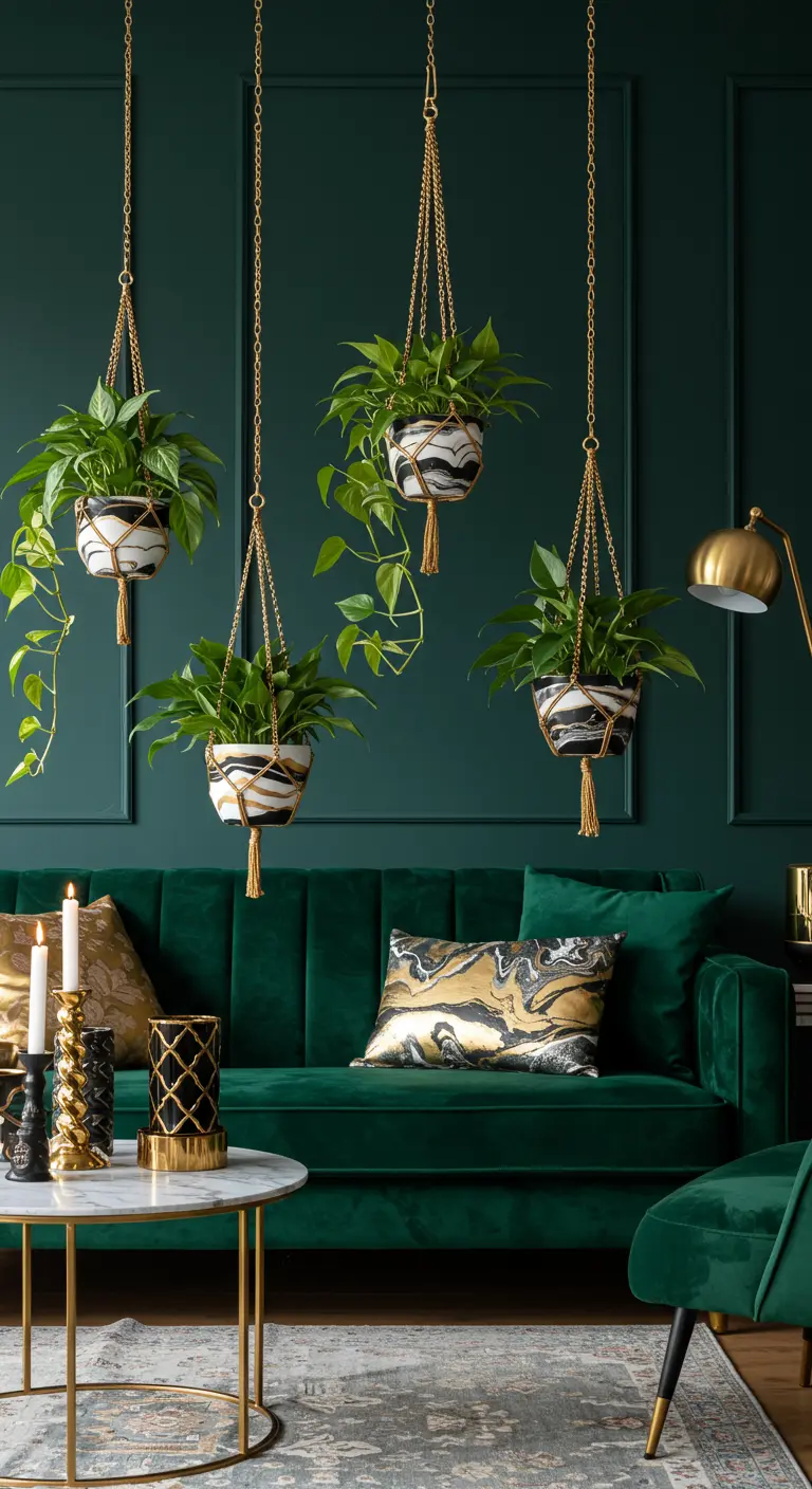Plantas colgando de cadenas doradas en macetas de mármol contra una pared verde oscuro