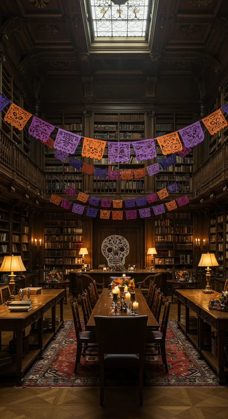 Biblioteca oscura y elegante con guirnaldas de papel picado naranja y morado colgando del techo.