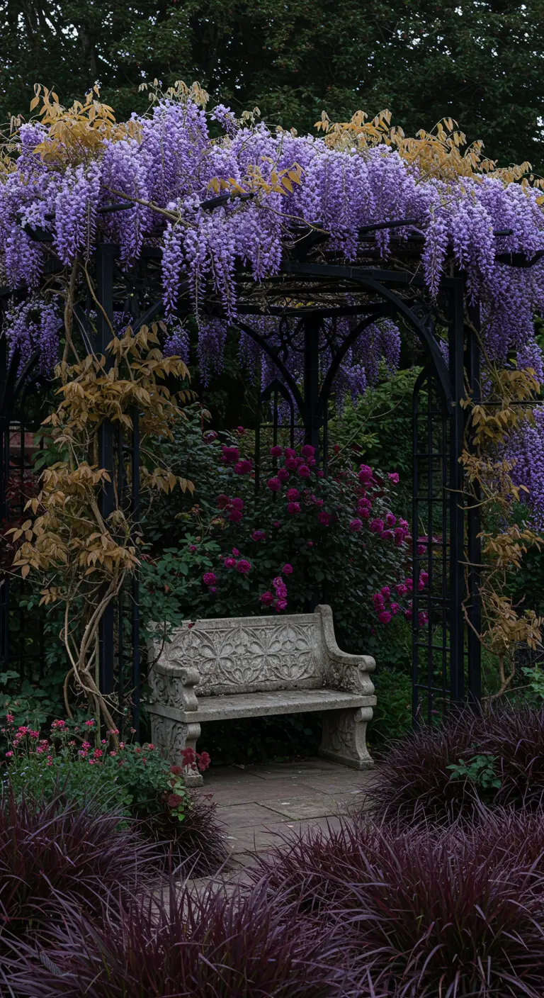 Pérgola de metal negro arqueada con glicinias moradas y un banco de piedra ornamentado.