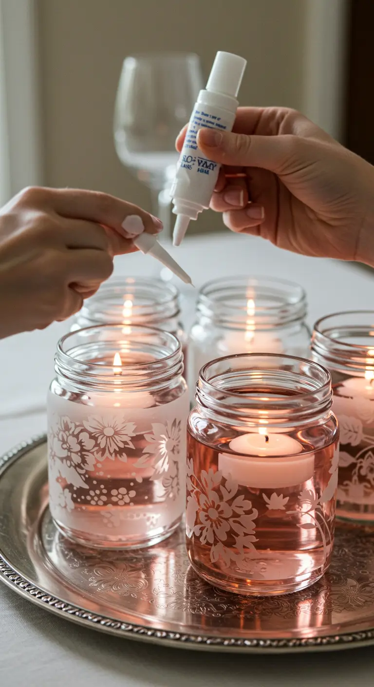 Manos aplicando una plantilla con diseño floral a un frasco de vidrio para crear un efecto grabado.