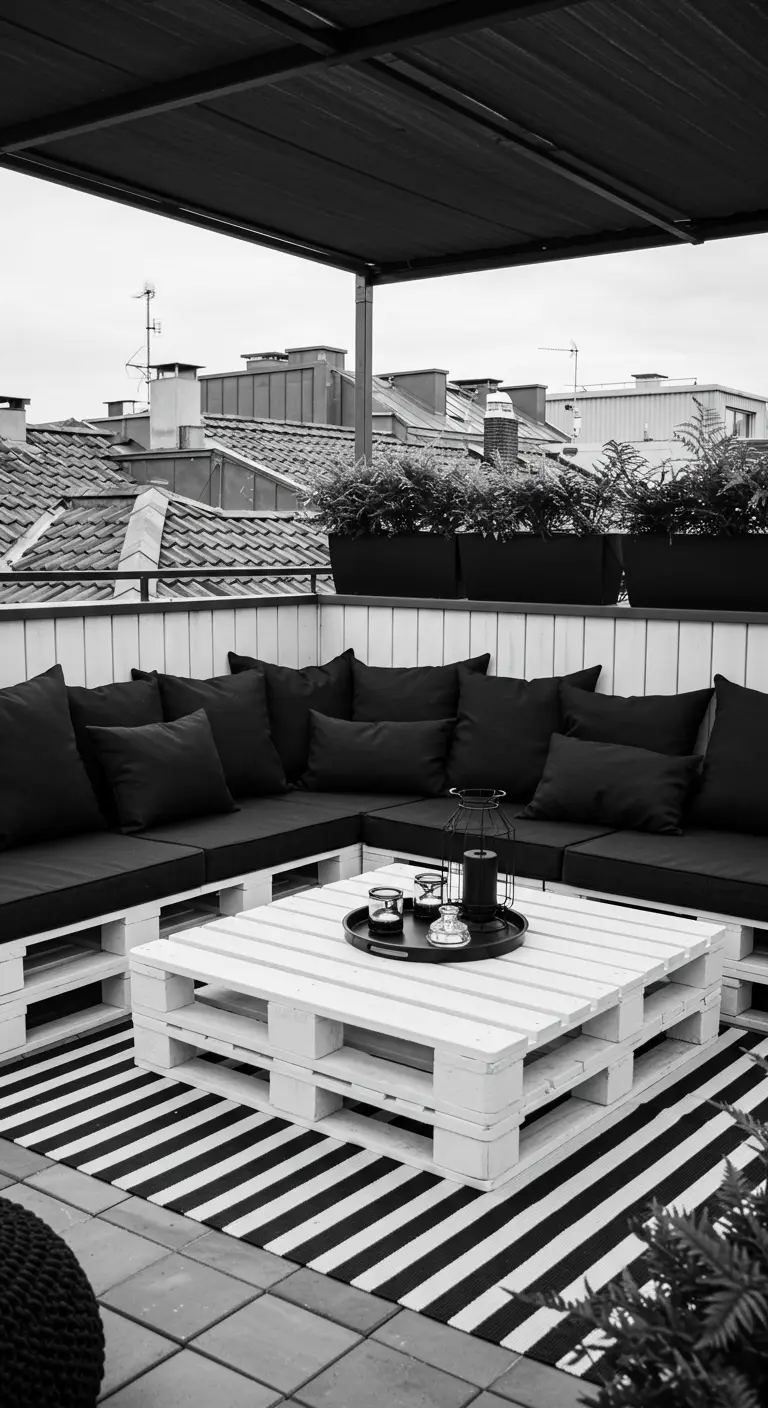 Sofá esquinero de palets blancos y cojines negros en una azotea, con mesa a rayas y alfombra geométrica.