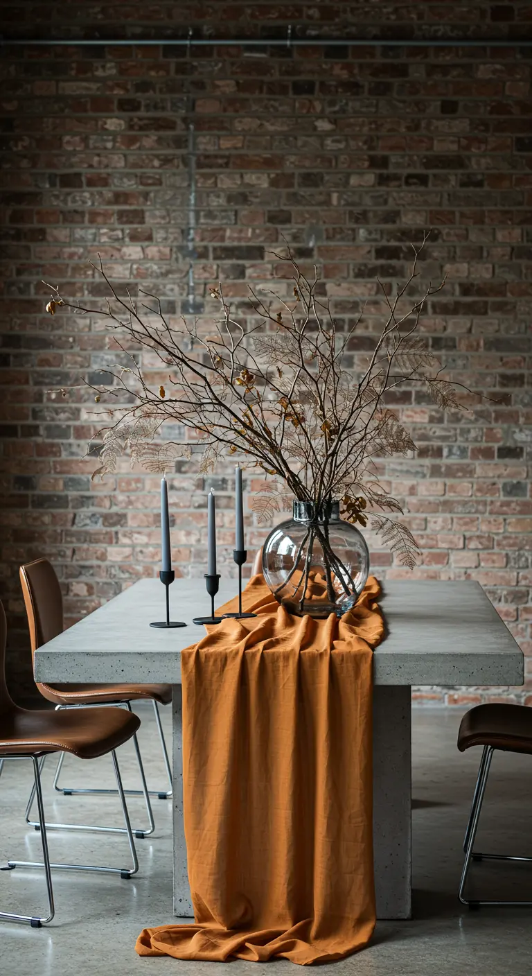 Mesa de hormigón con pared de ladrillo, camino de mesa naranja y ramas secas.