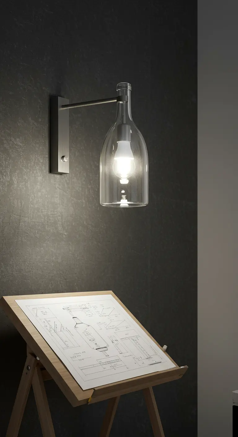 Aplique de pared minimalista con una botella de vidrio transparente cortada como pantalla.