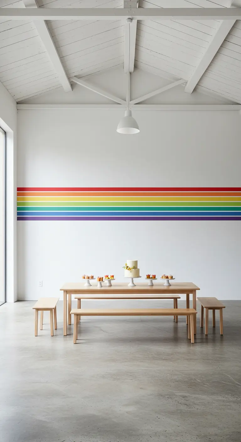 Pared blanca con una franja horizontal de rayas de colores del arcoíris.