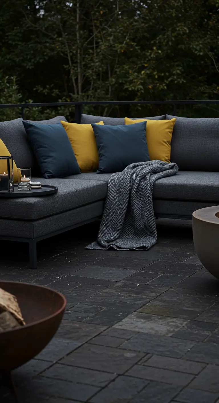 Sofá seccional gris oscuro en un patio moderno, con cojines en azul petróleo y amarillo mostaza.