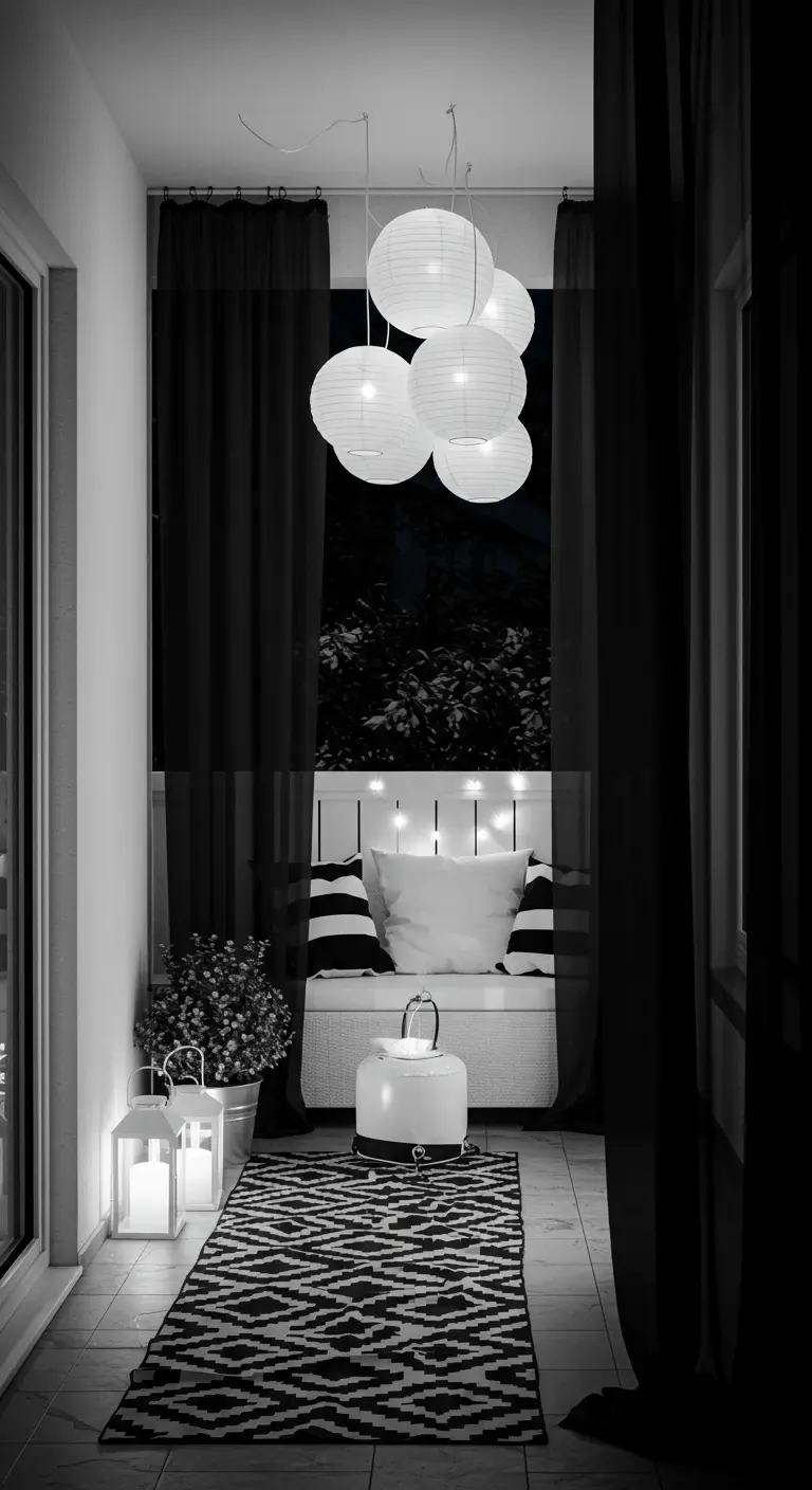 Balcón en blanco y negro con cortinas negras, farolillos de papel blancos y una alfombra geométrica.