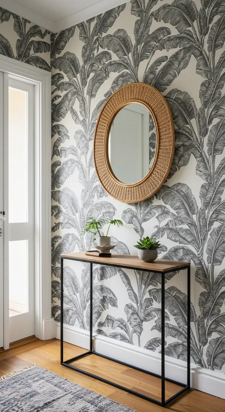 Recibidor minimalista con papel tapiz de hojas de palmera en blanco y negro y consola metálica.