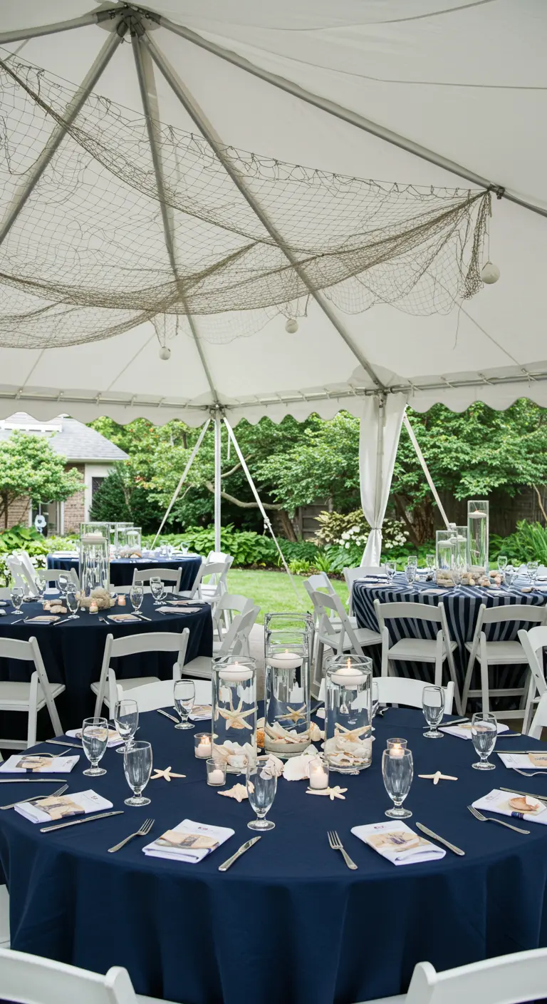 Mesas de fiesta con manteles azul marino y centros de mesa con velas flotantes.