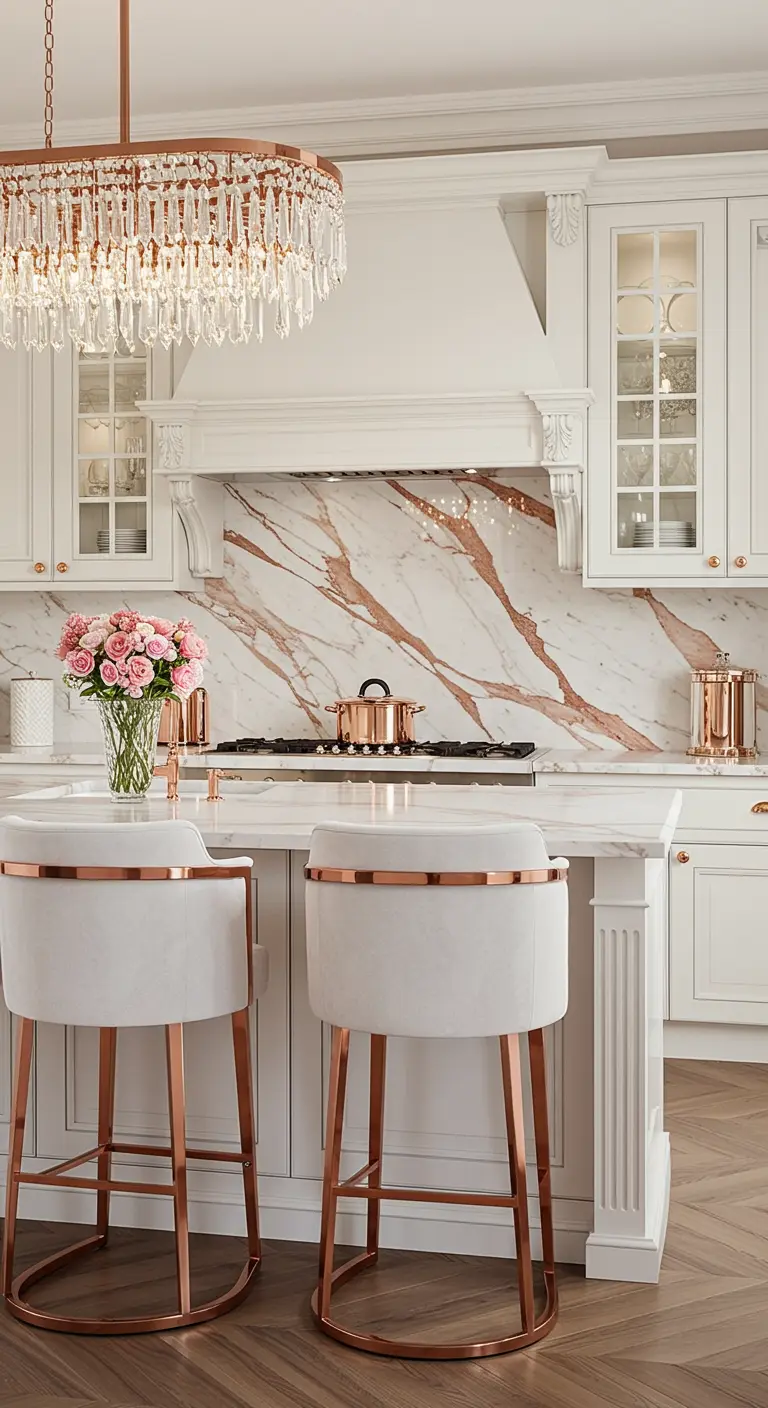 Cocina de lujo blanca con salpicadero de mármol, taburetes y lámpara de araña de cobre