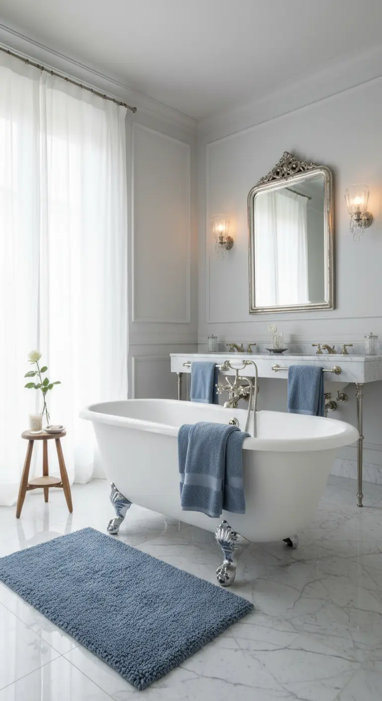 Baño clásico de mármol blanco con toallas de color azul pervinca y espejo ornamentado.