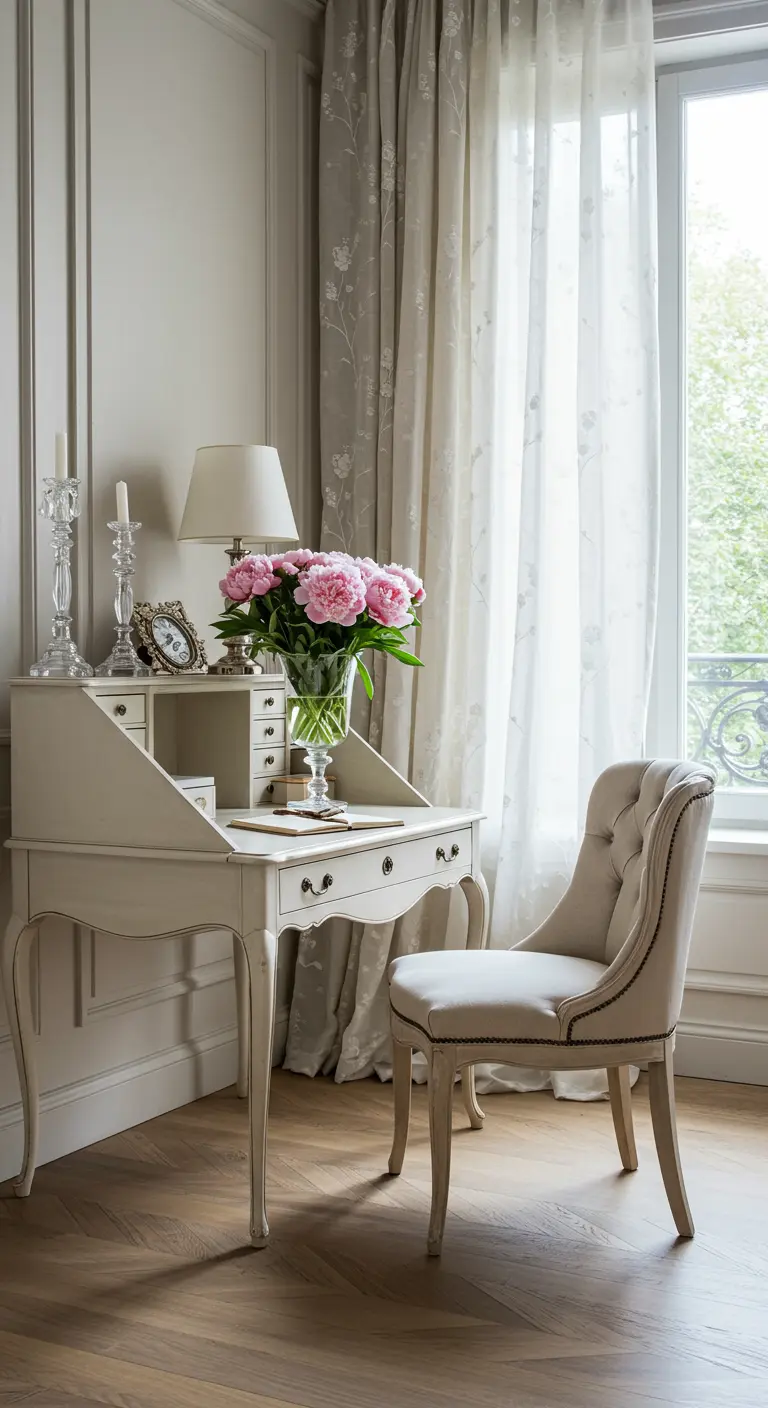 Rincón de trabajo de estilo parisino con un escritorio elegante y una silla tapizada.