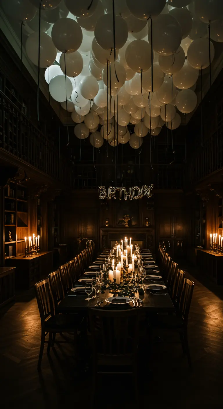 Techo de globos blancos con cintas negras en un comedor oscuro iluminado por velas.