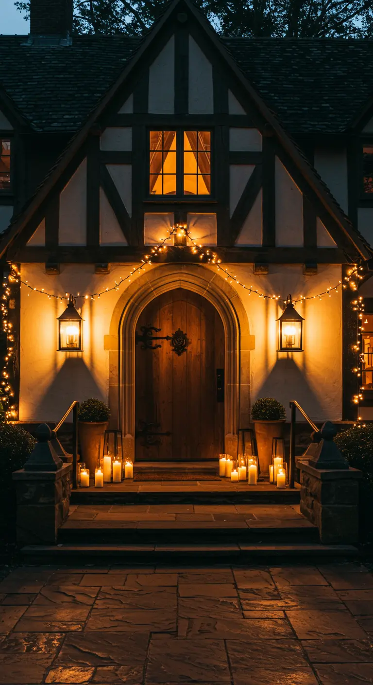 Fachada de casa estilo Tudor con la entrada arqueada decorada con guirnaldas de luces y velas.