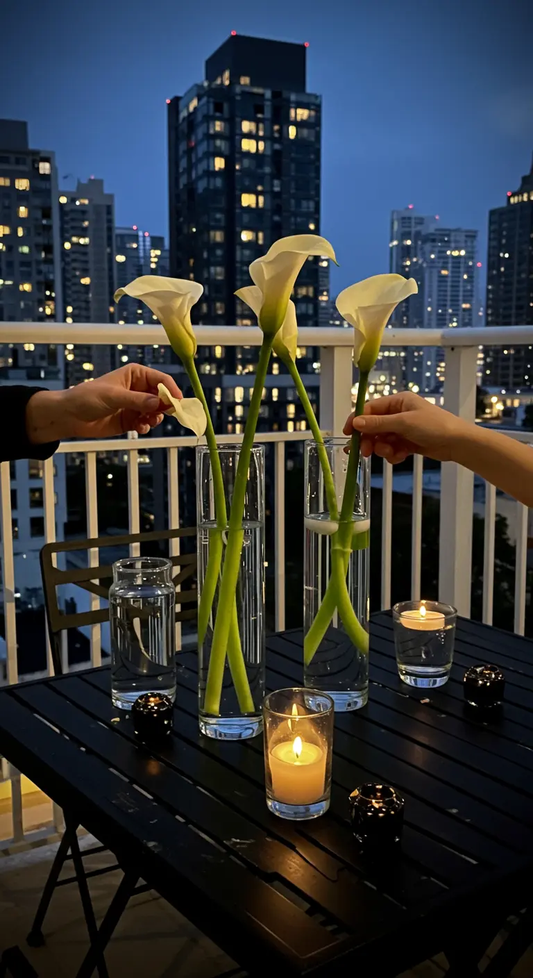 Manos colocando calas blancas en jarrones altos sobre una mesa de balcón con velas encendidas.