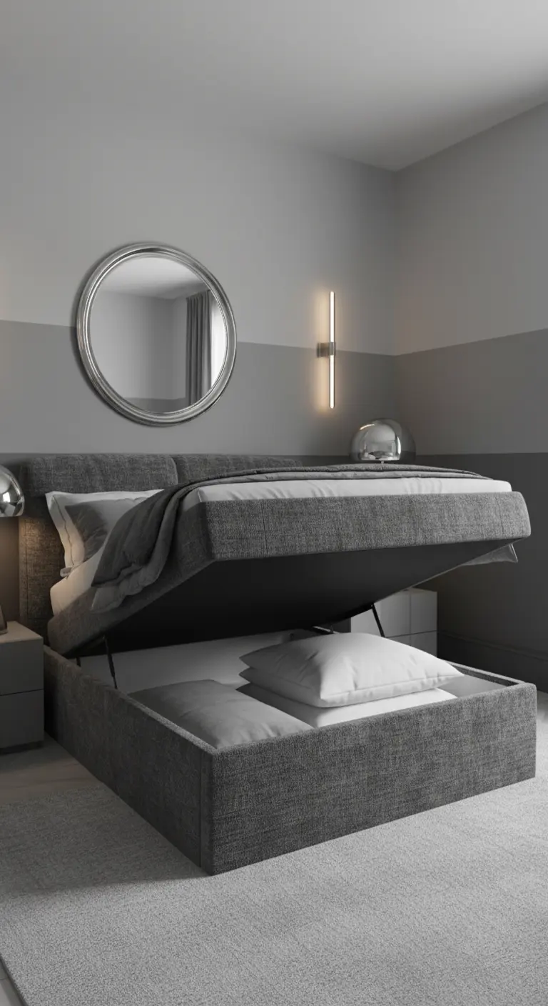 Cama abatible moderna tapizada en tela gris, en un dormitorio con pared a dos tonos.