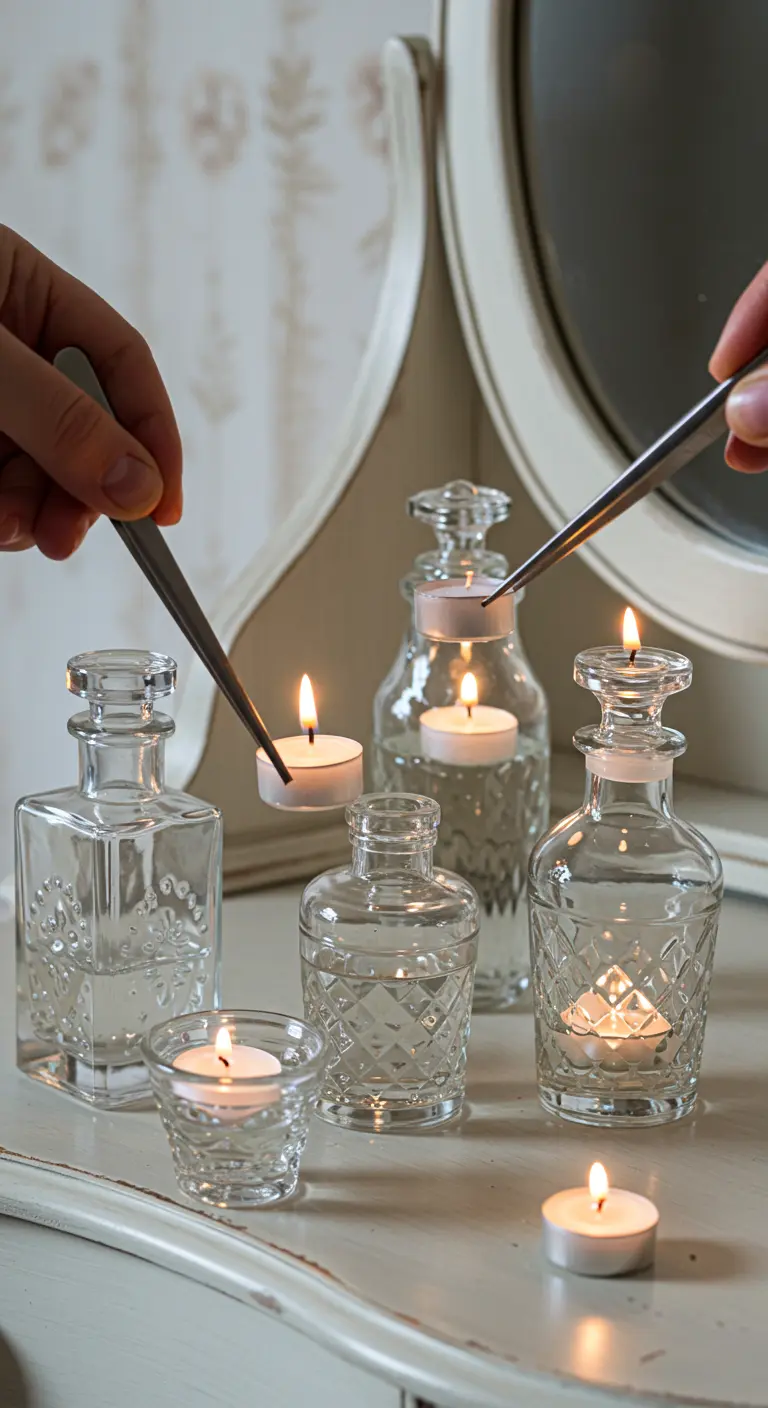 Manos usando pinzas para colocar pequeñas velas flotantes en frascos de perfume vintage.