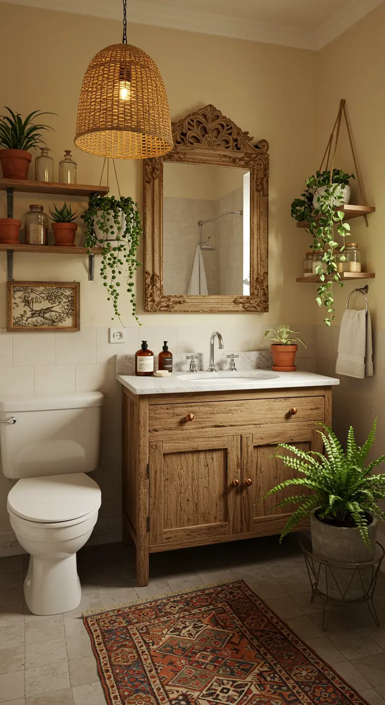 Baño bohemio con mueble de madera rústica y encimera de mármol, rodeado de plantas.