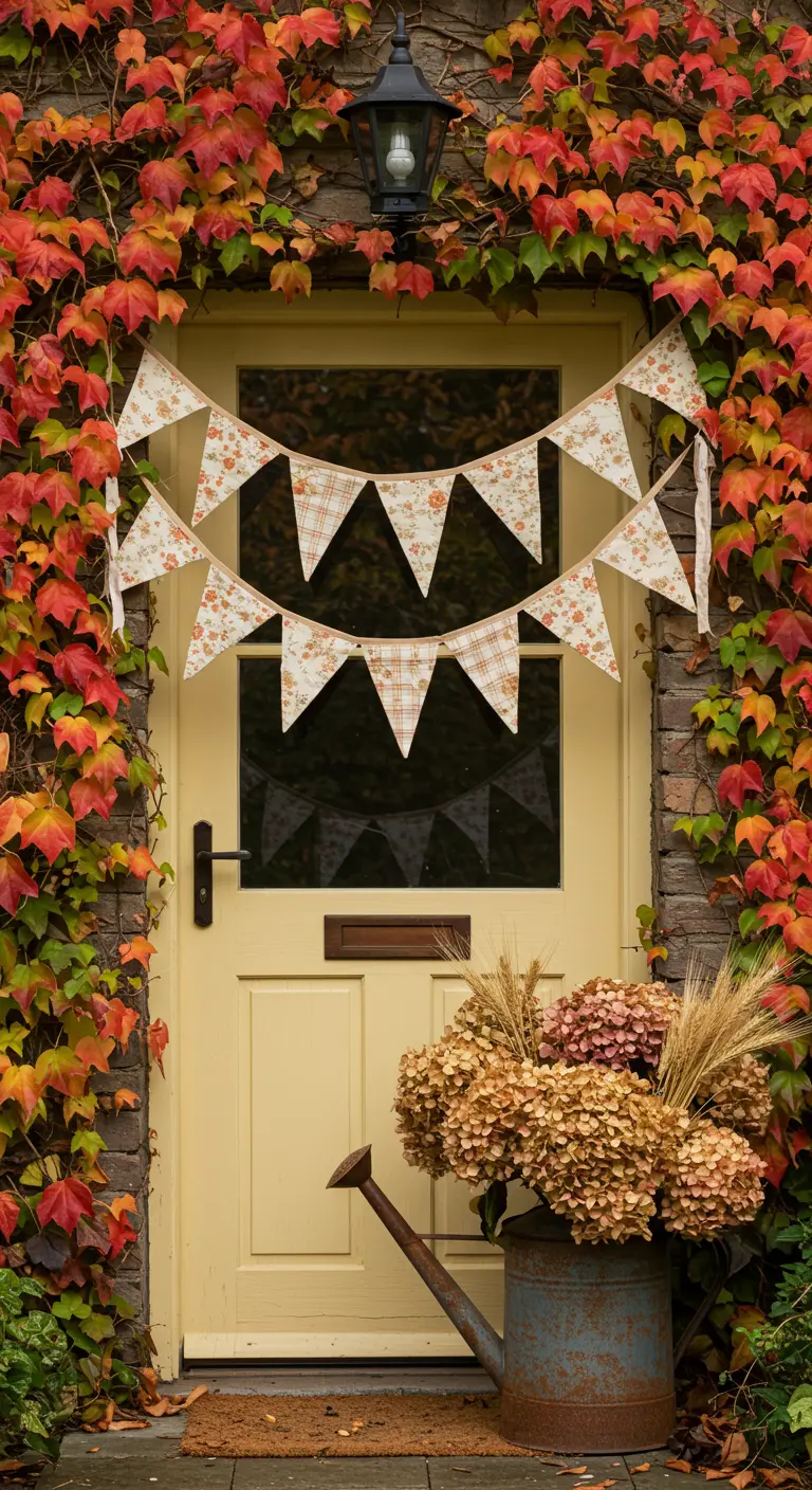 Puerta amarilla enmarcada por enredaderas otoñales, con banderines de tela y una regadera vintage con flores secas.