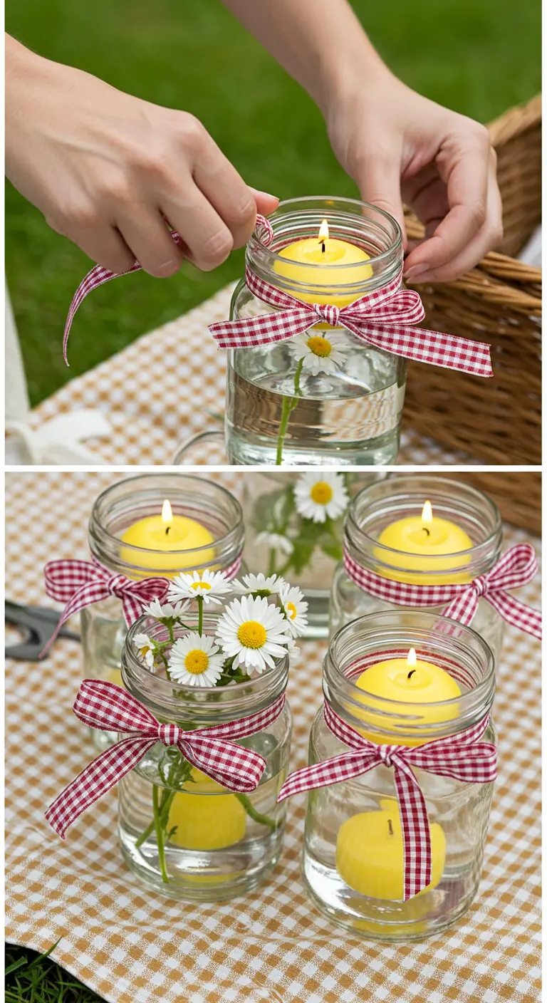 Collage de frascos decorados con lazos de cuadros rojos y blancos, llenos de margaritas y velas amarillas.