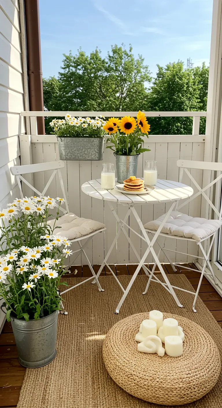 Balcón de estilo farmhouse con mesa y sillas blancas y flores en cubos de zinc.