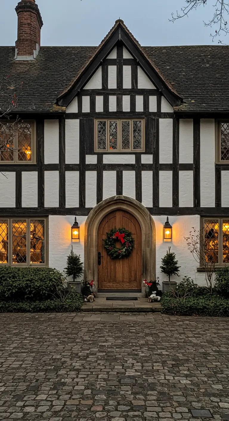 Corona de pino en la puerta de madera de una casa de estilo Tudor con entramado de madera.