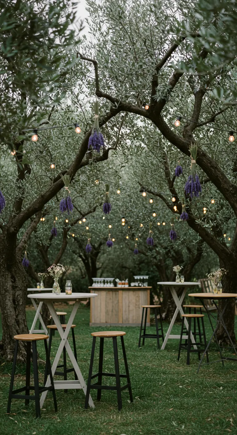 Recepción de boda al aire libre bajo olivos decorados con luces y ramos de lavanda colgantes.