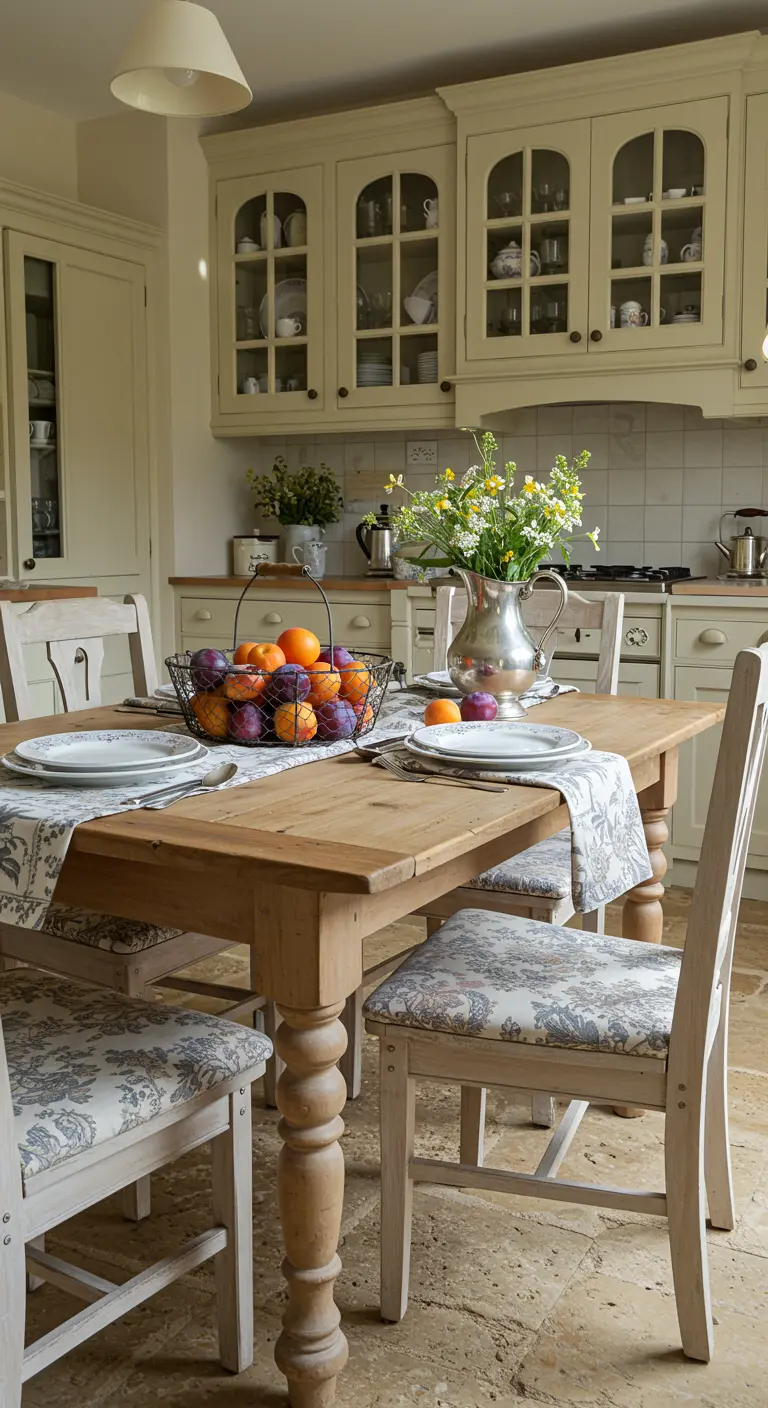 Cocina de estilo provenzal con una cesta de alambre con ciruelas y naranjas como centro de mesa.
