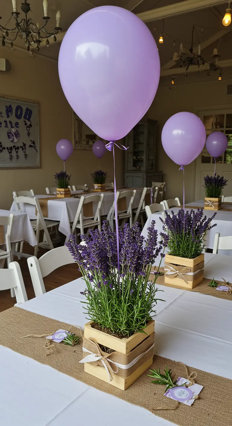 Globos lavanda flotando sobre centros de mesa con lavanda fresca en cajas de madera.