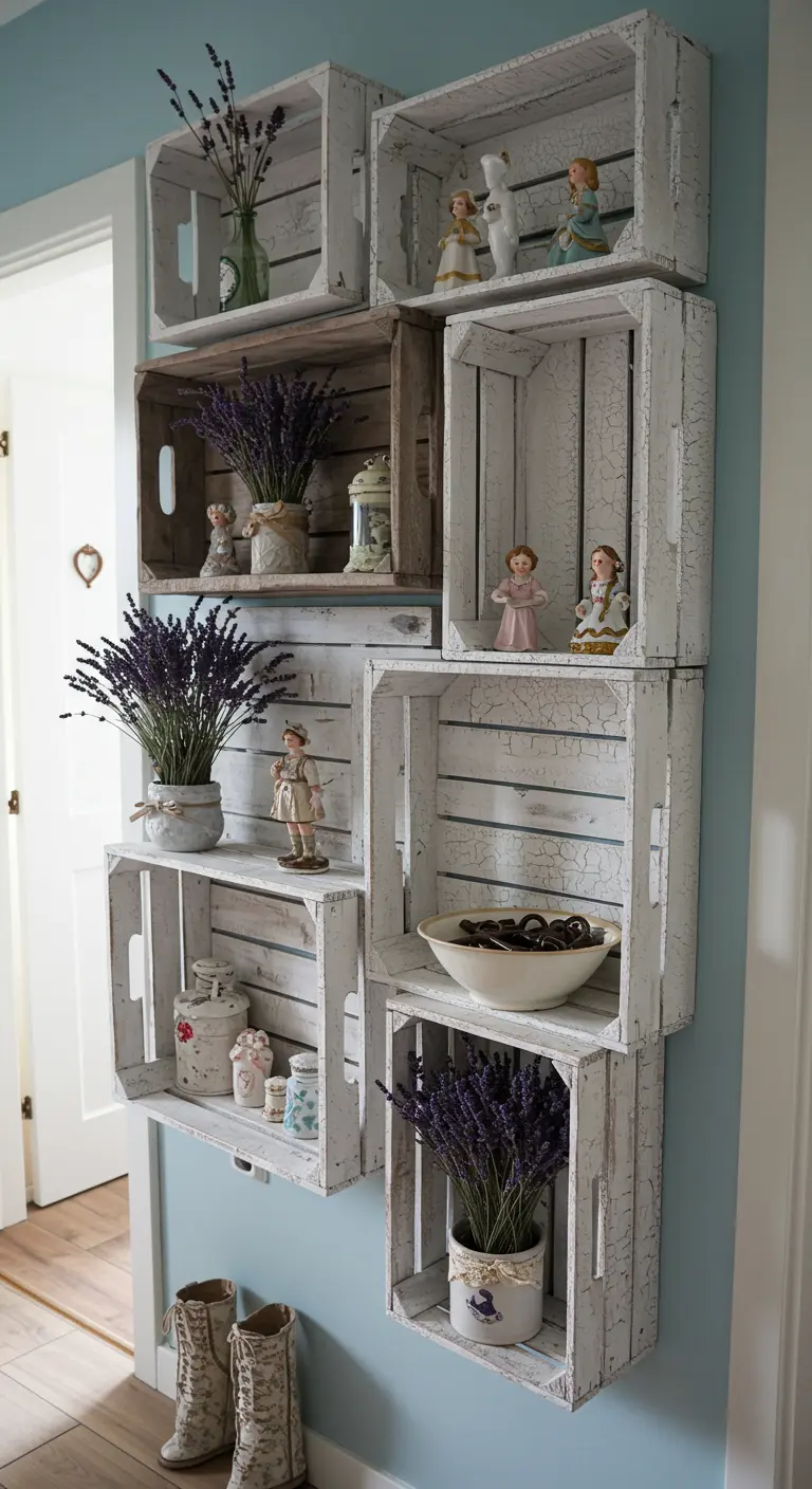 Estantería de cajas de madera blancas con acabado craquelado, decorada con lavanda y figuras.