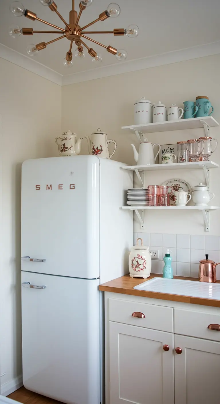 Cocina blanca con frigorífico retro, lámpara sputnik de cobre y estanterías abiertas