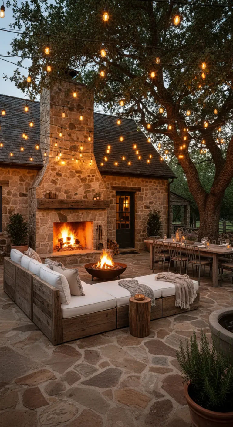 Patio rústico con chimenea de piedra, sofá de madera y guirnaldas de luces colgando de un árbol
