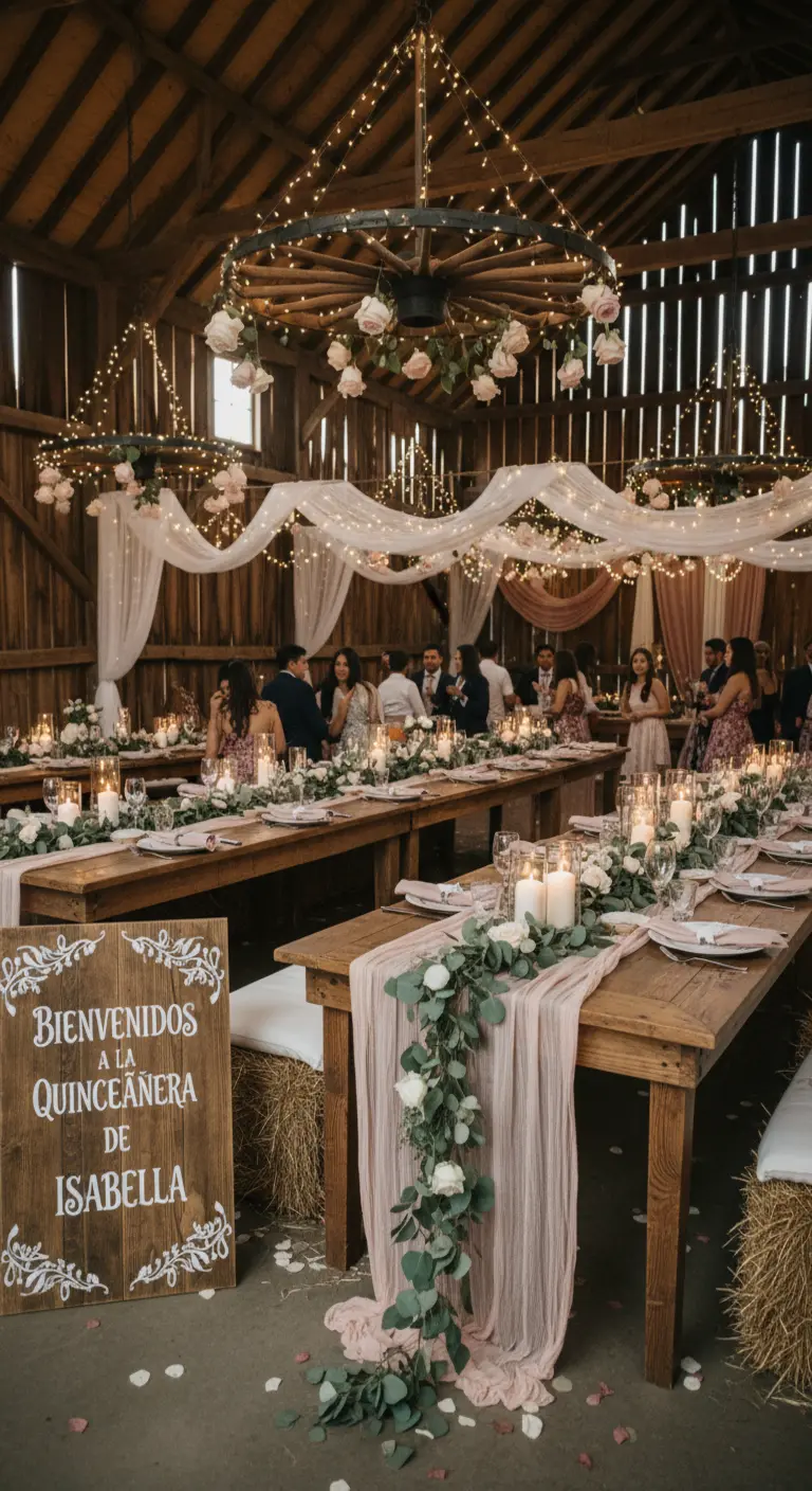 Quinceañera rústica en un granero con mesas de madera y luces colgantes.