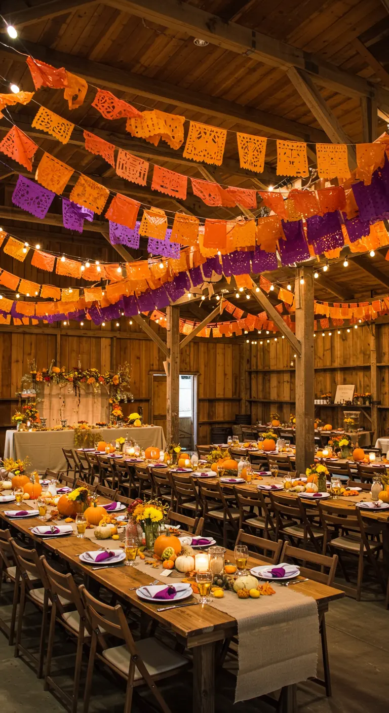 Granero decorado para una fiesta con papel picado naranja y morado y largas mesas de madera.