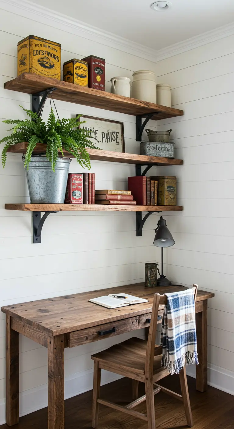 Rincón de oficina rústico con estanterías de madera gruesa, escritorio a juego y decoración vintage.