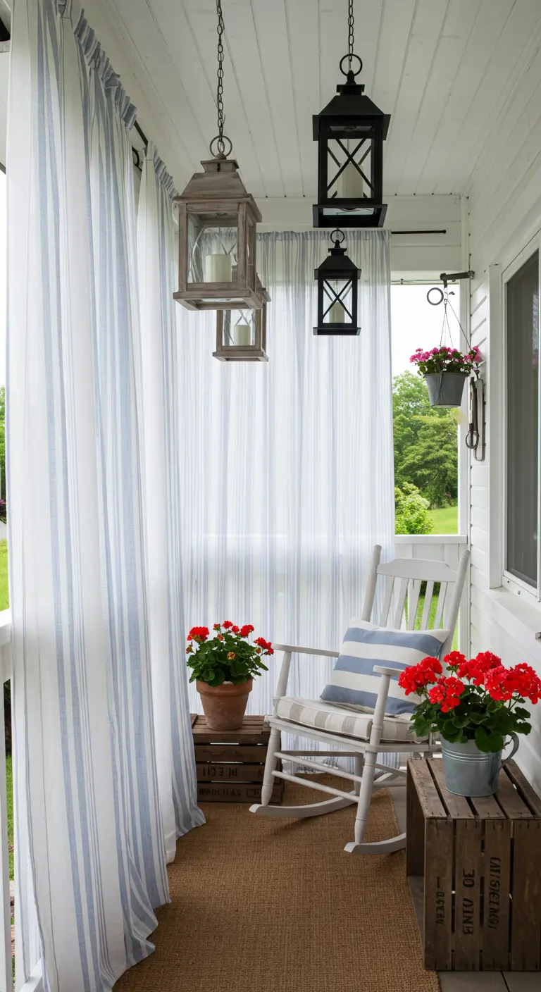 Porche de estilo farmhouse con cortinas de rayas, mecedora blanca y faroles de madera y metal.