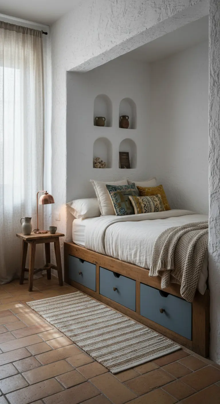 Cama en un nicho rústico con base de madera y cajones pintados de azul envejecido.