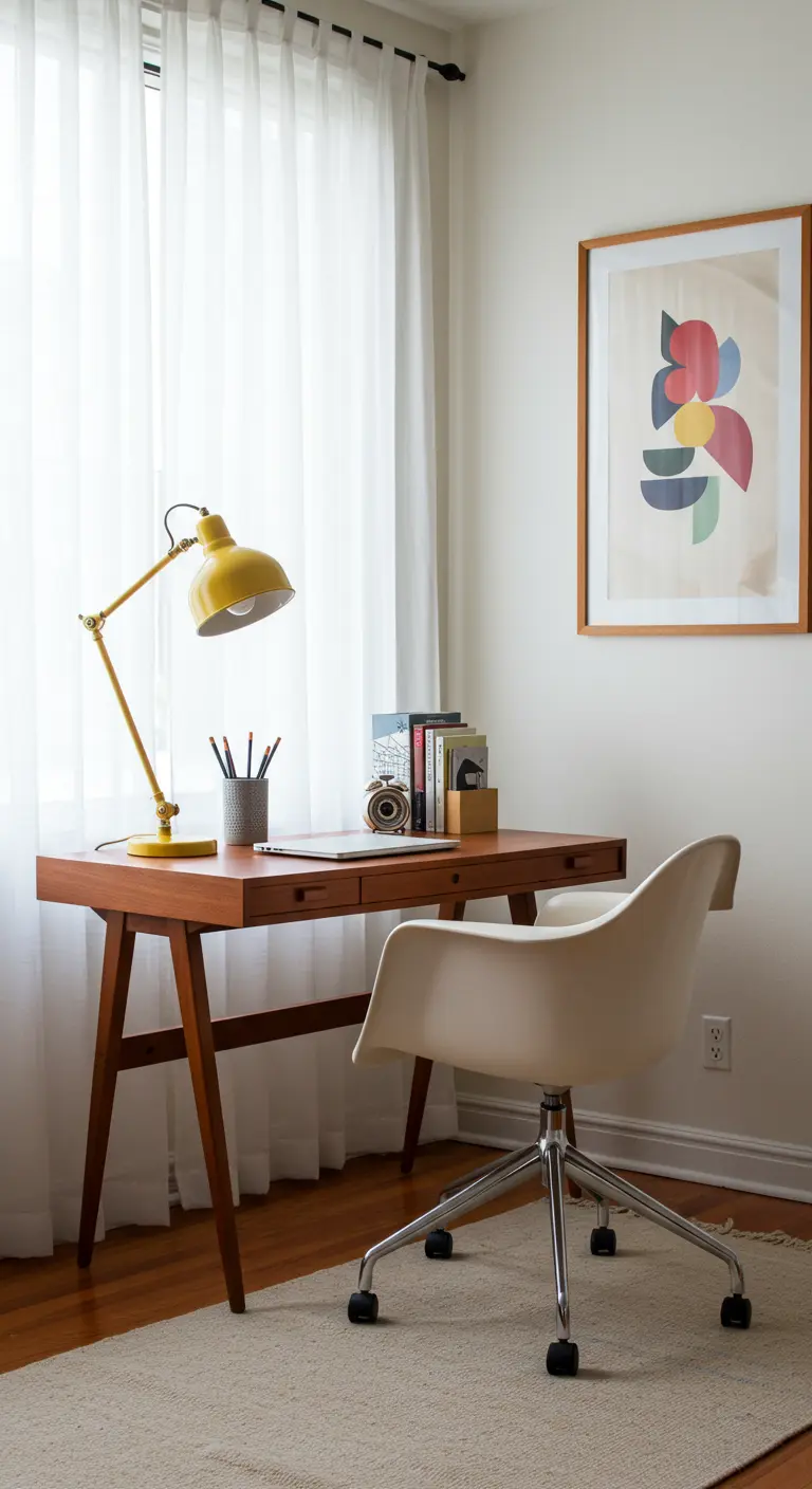 Escritorio Mid-Century Modern con una lámpara amarilla brillante y una silla de diseño.