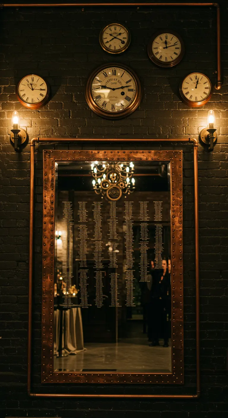 Espejo con marco de cobre en una pared de ladrillo, rodeado de relojes antiguos.