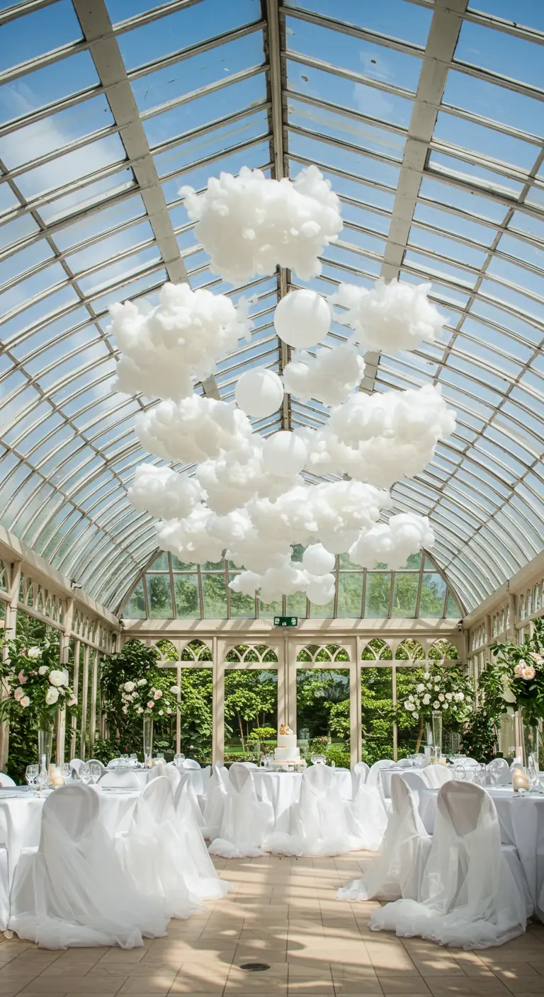 Nubes de algodón y globos blancos flotando en el techo de un invernadero luminoso.