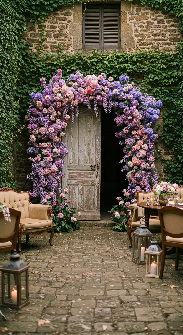 Puerta de madera rústica enmarcada por un exuberante arco de flores en tonos morados y rosas.