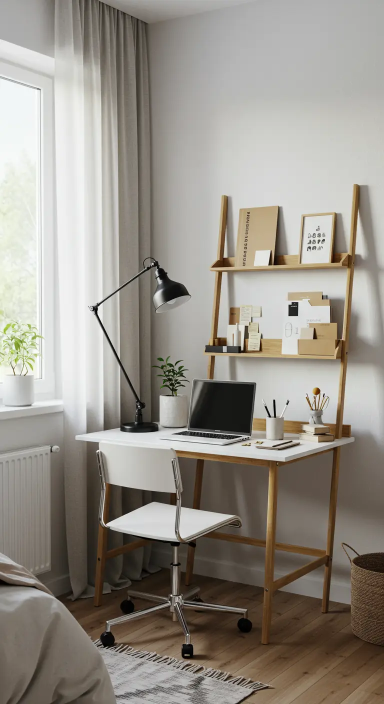 Escritorio tipo escalera de madera de bambú en un rincón luminoso junto a una ventana.